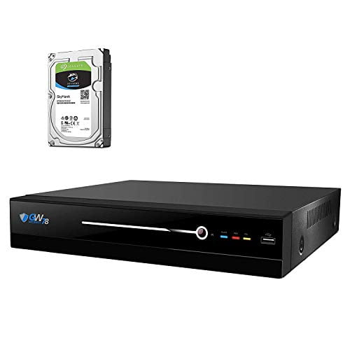 Pre-installed 2TB HDD, 2x HDD bay, up to 16TB total GW Security 8 Channel H.265 4K HDMI NVR // Network Video Recorder 8CH PoE Ports Compatible with 8MP // 5MP //4MP 1080P Realtime ONVIF IP Cameras